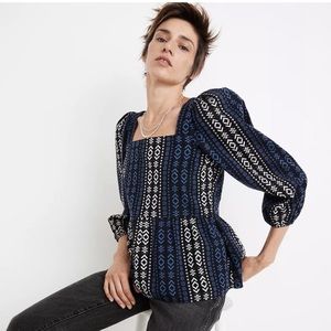 Madewell Lightspun Millbrook Puff-Sleeve Peplum Top in Geo Print, Size Large